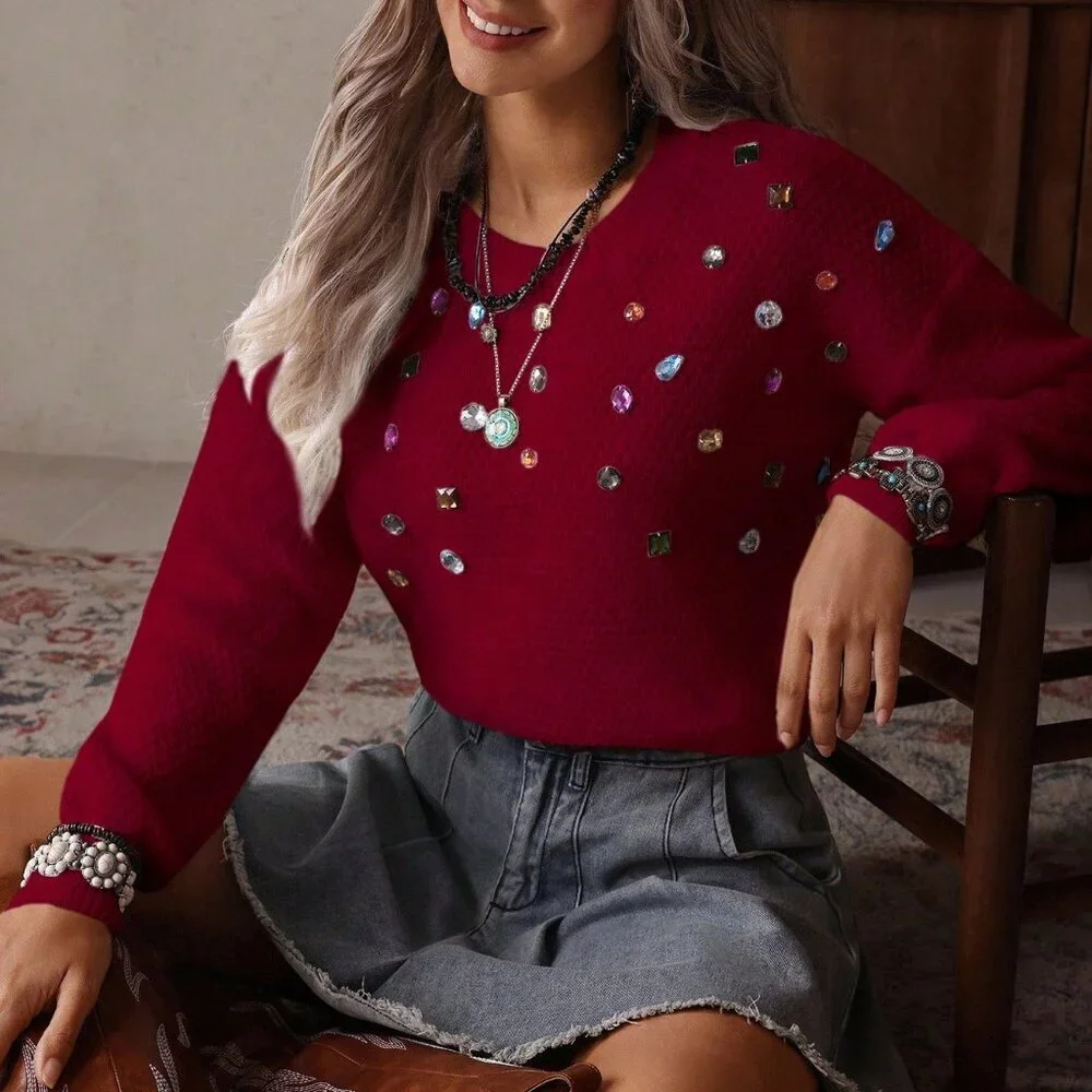 Burgundy Casual Women's Loose Rhinestone Knit Sweater